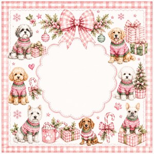May include: A square decorative print featuring a central scalloped white frame surrounded by seven dogs in pink and green patterned sweaters, pink gingham bows, wrapped gift boxes, candy canes, and holly, all bordered by a pink gingham frame.