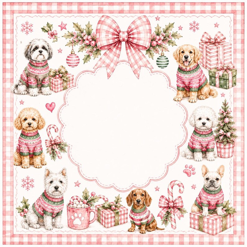 May include: A square decorative print featuring a central scalloped white frame surrounded by seven dogs in pink and green patterned sweaters, pink gingham bows, wrapped gift boxes, candy canes, and holly, all bordered by a pink gingham frame.