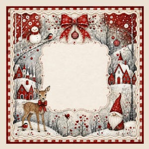 May include: A square decorative frame featuring a winter scene with a central blank cream-colored space. The border displays a red and white checkered pattern, a large red bow, a deer with a red bow, a snowman, a gnome, and red houses.