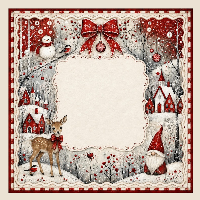 May include: A square decorative frame featuring a winter scene with a central blank cream-colored space. The border displays a red and white checkered pattern, a large red bow, a deer with a red bow, a snowman, a gnome, and red houses.