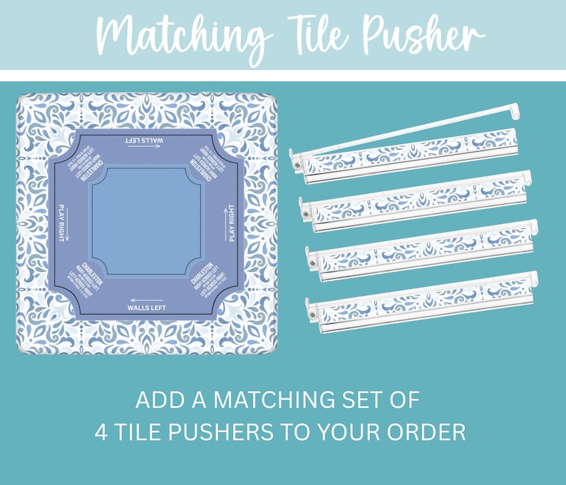 May include: A matching tile pusher set with a blue and white floral design. The set includes a square game board and four white tile pushers with decorative cutouts. Text on the board reads "Matching Tile Pusher".