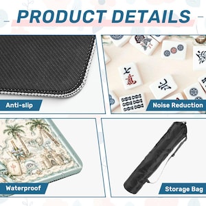 May include: Image showing product details for a Mahjong set. Features include an anti-slip surface, noise reduction, and waterproof design. The set comes with a storage bag. The text "PRODUCT DETAILS" is at the top.