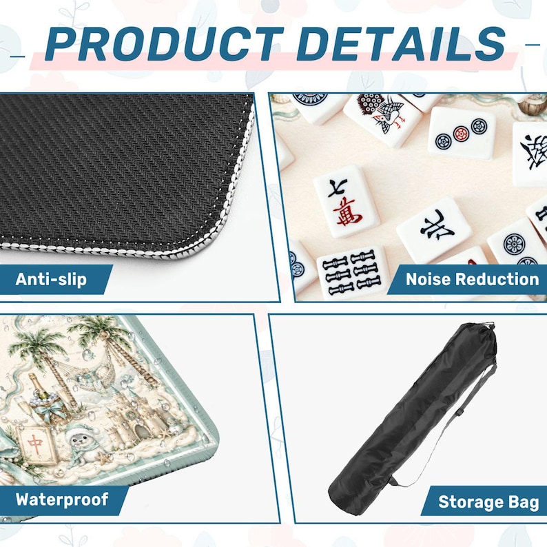 May include: Image showing product details for a Mahjong set. Features include an anti-slip surface, noise reduction, and waterproof design. The set comes with a storage bag. The text "PRODUCT DETAILS" is at the top.