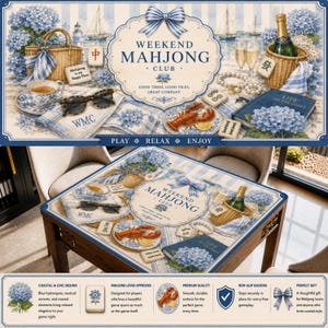 May include: A coastal-themed Mahjong set featuring blue hydrangeas, nautical accents, and the text "Weekend Mahjong Club." The set includes a table, tiles, and accessories, evoking a relaxed, elegant game night atmosphere.