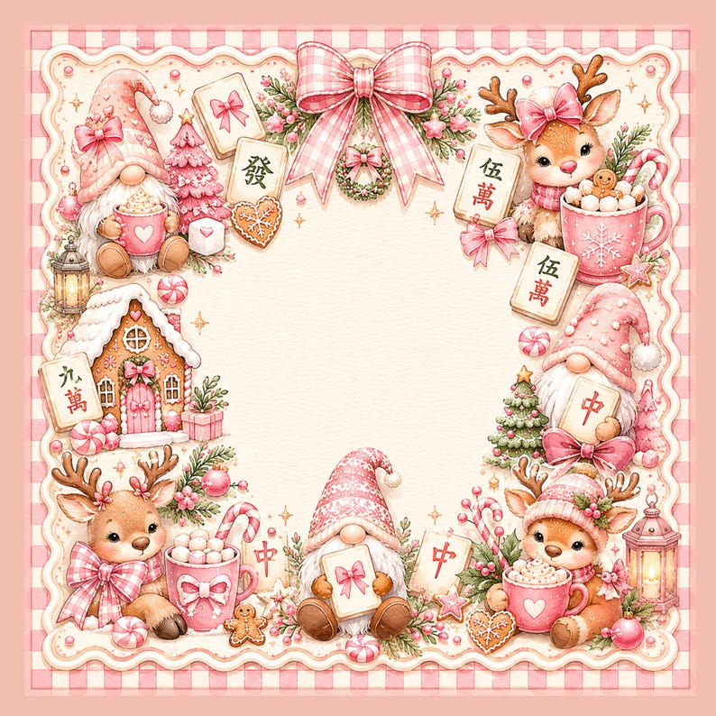 May include: A square decorative frame featuring a pink and white gingham border. The design includes illustrations of gnomes, reindeer, gingerbread houses, mugs of cocoa, and mahjong tiles with Chinese characters, all accented with pink bows.