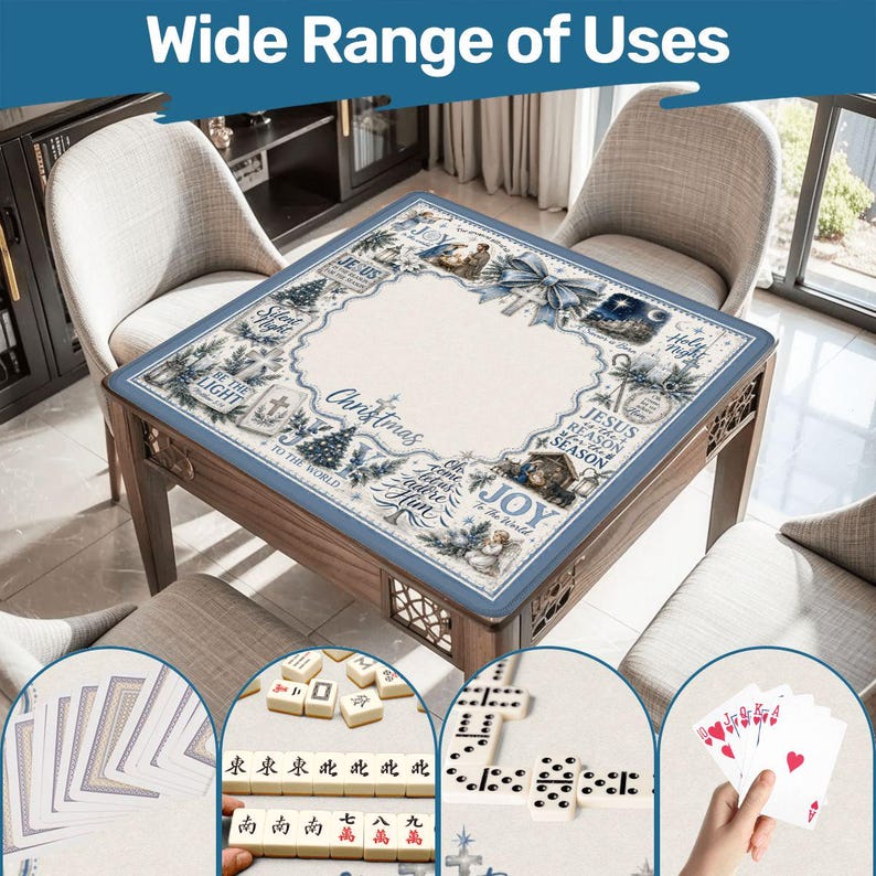 May include: A wooden game table with a blue and white Christmas-themed design. The table has a square top with a decorative border and the words "Wide Range of Uses" at the top. The table is surrounded by chairs, and images of playing cards, mahjong tiles, dominoes, and playing cards are shown.