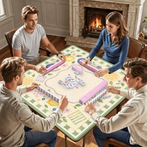May include: A square game table with a cream-colored surface featuring a botanical pattern of lemons, flowers, and green leaves. Four players are seated around the table, which holds a set of white mahjong tiles and pink tile racks.