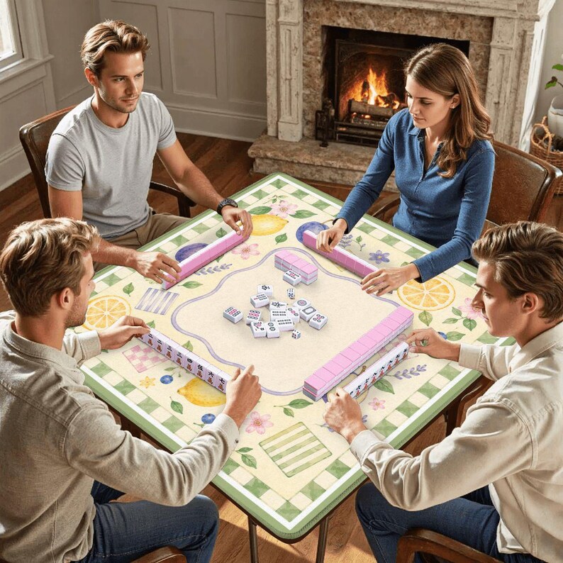 May include: A square game table with a cream-colored surface featuring a botanical pattern of lemons, flowers, and green leaves. Four players are seated around the table, which holds a set of white mahjong tiles and pink tile racks.