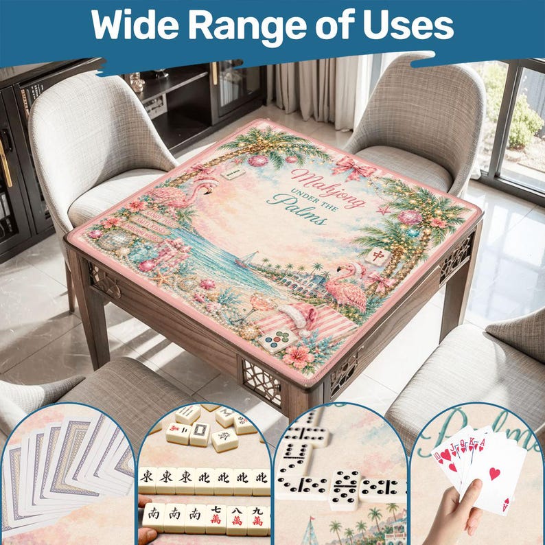 May include: A wooden game table with a pink and floral design, featuring the text "Mahjong UNDER THE Palms." The table is surrounded by chairs and includes images of playing cards, dominoes, and mahjong tiles, suggesting a variety of game uses.