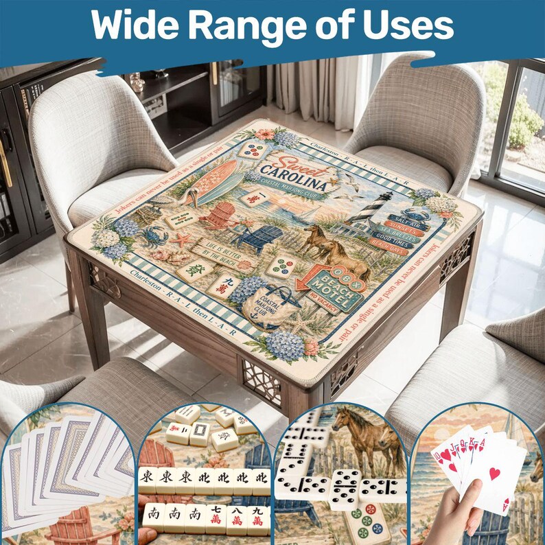May include: A square mahjong table featuring a coastal-themed mat with illustrations of a lighthouse, horses, beach chairs, and the text Sweet Carolina Coastal Mahjong Club, accompanied by mahjong tiles, playing cards, and dominoes.