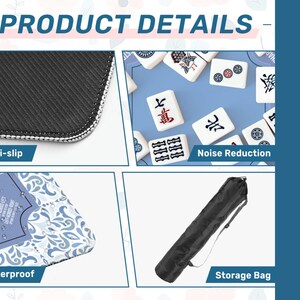 May include: Product details image showing a black anti-slip surface, white mahjong tiles, and a black storage bag. The image also highlights the product's noise reduction and waterproof features. The text reads "PRODUCT DETAILS".