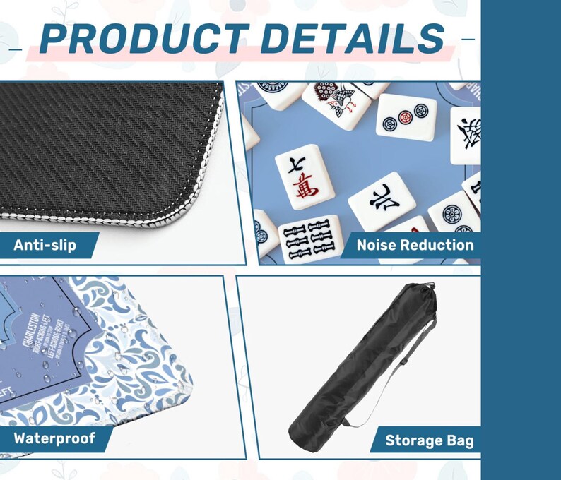 May include: Product details image showing a black anti-slip surface, white mahjong tiles, and a black storage bag. The image also highlights the product's noise reduction and waterproof features. The text reads "PRODUCT DETAILS".