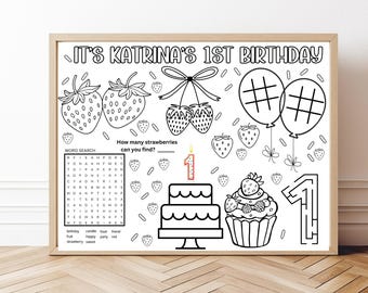 Strawberry Birthday Party Coloring Page & Placemat | Kids Fun Activity for Strawberry Theme Celebrations