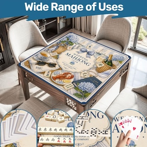 May include: A wooden mahjong table with a decorative top featuring a blue and white floral design, a lobster, and the text "Weekend Mahjong Club." The table is surrounded by chairs and includes close-ups of mahjong tiles and playing cards.