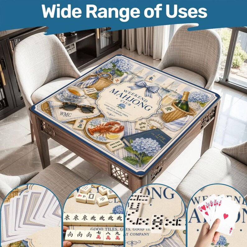 May include: A wooden mahjong table with a decorative top featuring a blue and white floral design, a lobster, and the text "Weekend Mahjong Club." The table is surrounded by chairs and includes close-ups of mahjong tiles and playing cards.