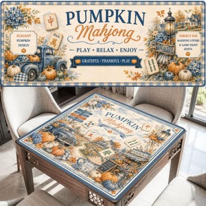 May include: A Pumpkin Mahjong game table cover with a blue and white gingham border. The design features pumpkins, a vintage truck, and the words "Pumpkin Mahjong". The cover is on a wooden table.