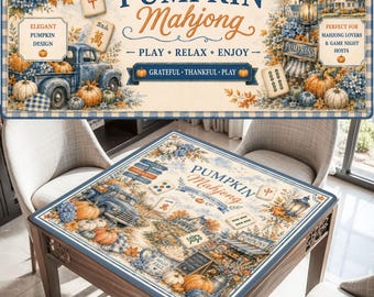 Pumpkin Mahjong Mat | Fall Farmhouse Mahjong Table Mat | Blue & Orange Autumn Mahjong Decor | Pumpkin Spice Mahjong | Cozy Harvest Mahjong
