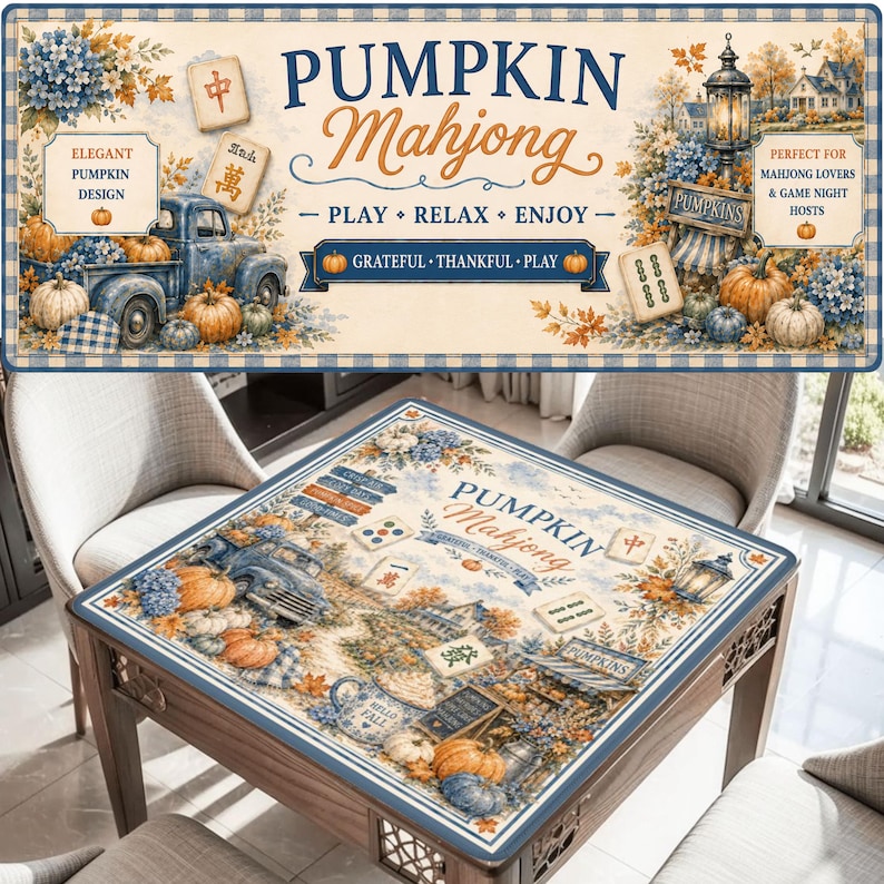 May include: A Pumpkin Mahjong game table cover with a blue and white gingham border. The design features pumpkins, a vintage truck, and the words "Pumpkin Mahjong". The cover is on a wooden table.