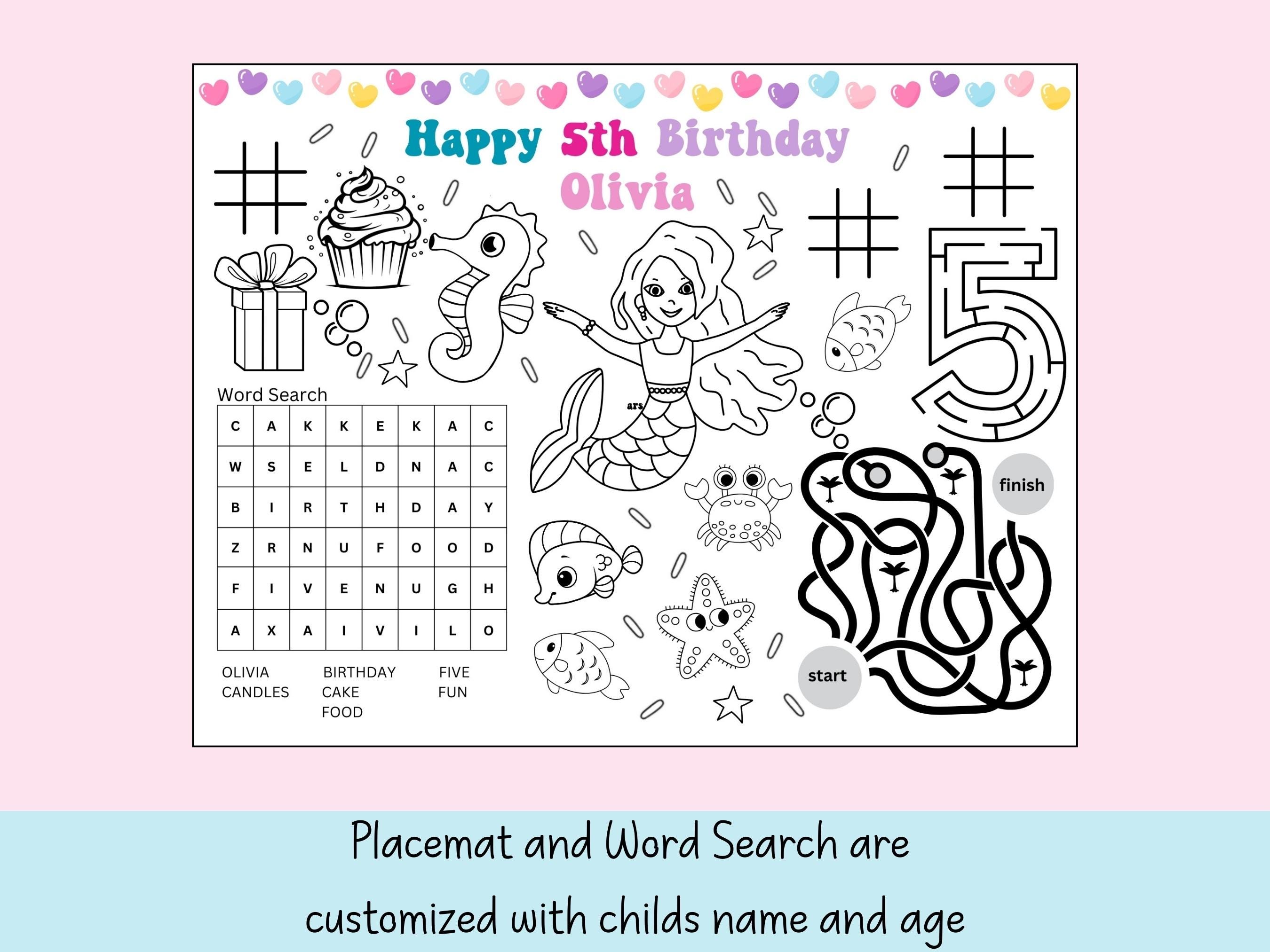 Mermaid birthday coloring page for kids party coloring tabletop