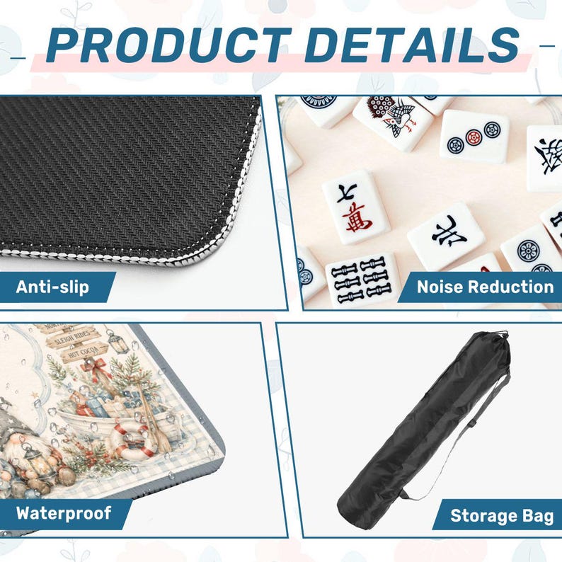 Op de afbeelding: Productdetails afbeelding met een zwarte antislip oppervlakte met witte stiksels, Mahjong tegels, een waterdichte mat met een winterse sc&egrave;ne en een zwarte opbergtas. De afbeelding bevat de tekst "PRODUCT DETAILS", "Anti-slip", "Noise Reduction", "Waterproof", en "Storage Bag".
