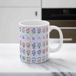May include: White ceramic mug featuring a colorful floral and number design reminiscent of Mahjong tiles. The mug has a curved handle and the word "EW" is printed on the side. The bottom of the mug has the word "JOKER" printed on it.