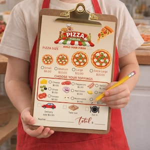 May include: A clipboard menu from Pizza Parlor, featuring pizza size options and topping choices. The menu includes prices and a section for delivery, takeout, and eat-in options. A yellow pencil points to the toppings.