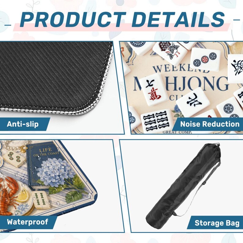 May include: Product details image showing a black anti-slip surface, Mahjong tiles, a waterproof tray with a book and lobster, and a black storage bag. The Mahjong tiles have Chinese characters and symbols.