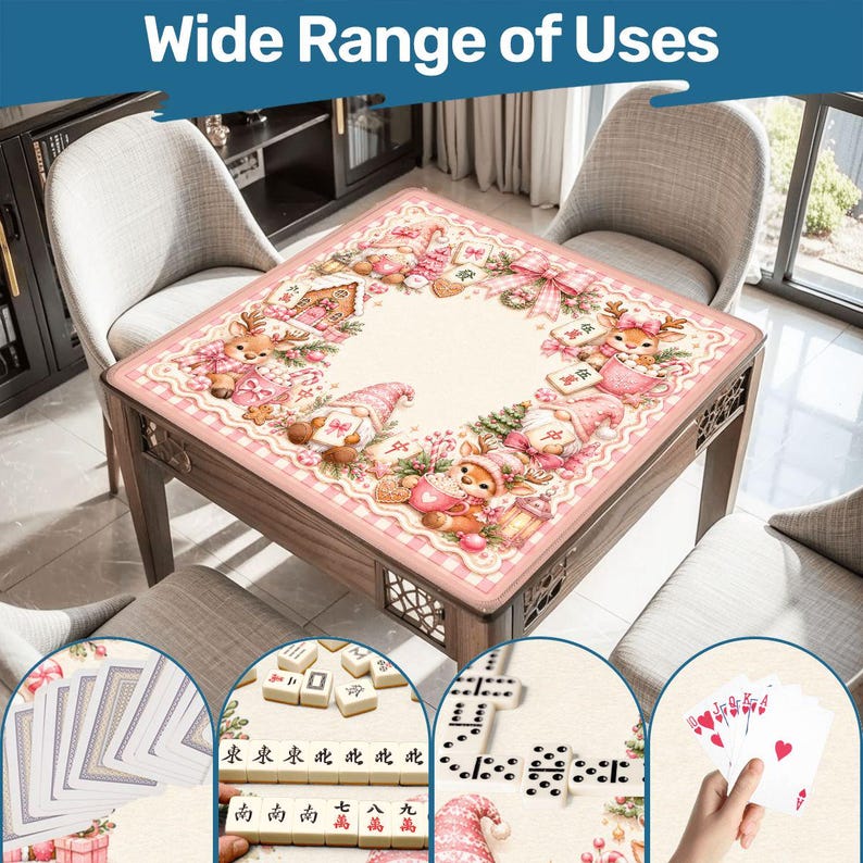 Pink Christmas Gnome Mahjong Mat, Coquette Mahjong Table Cover, Cute Holiday Mahjong Gift, Pink Gnome Mahjong Mat, Girly Winter Game Decor image 3