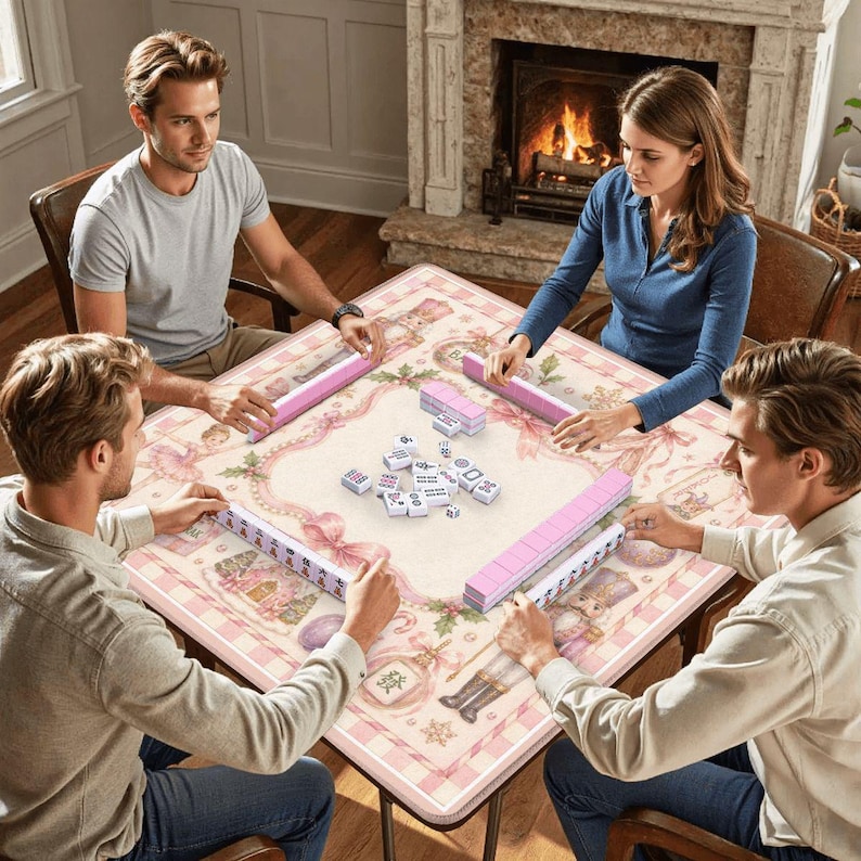 May include: A group of four people playing Mahjong around a square table. The table has a pink and white floral design. Pink tile racks and white tiles are visible. A fireplace is in the background.