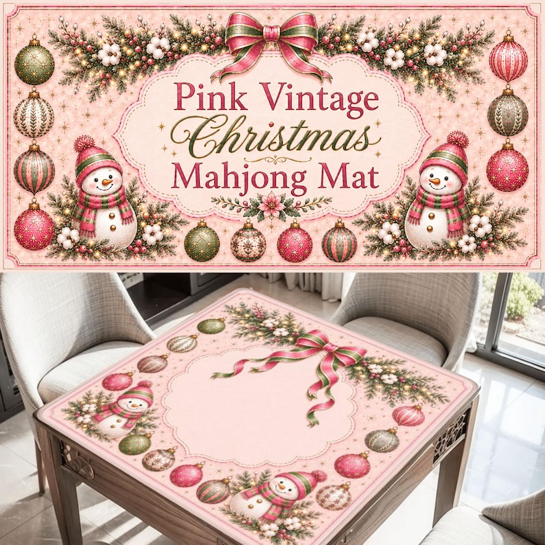 May include: A rectangular mahjong mat featuring a light pink background with a decorative border of pine branches, cotton sprigs, and Christmas ornaments. Two snowmen wearing pink hats and scarves are positioned on the mat with text.