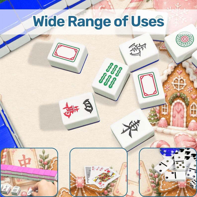 May include: White Mahjong tiles with red, green, and black symbols and designs are scattered on a light beige surface. The text "Wide Range of Uses" is at the top. The image also includes a gingerbread house and other game pieces.
