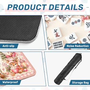 May include: A product detail collage featuring a black anti-slip mat texture, white mahjong tiles for noise reduction, a pink mat surface with a festive deer illustration, and a black cylindrical storage bag with an adjustable shoulder strap.