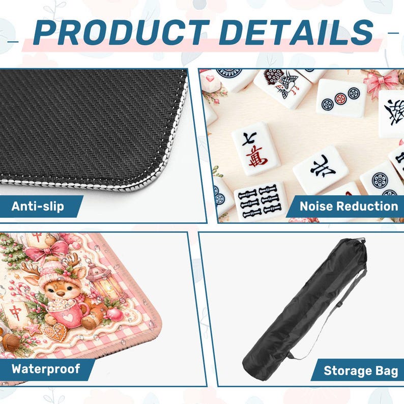 May include: A product detail collage featuring a black anti-slip mat texture, white mahjong tiles for noise reduction, a pink mat surface with a festive deer illustration, and a black cylindrical storage bag with an adjustable shoulder strap.