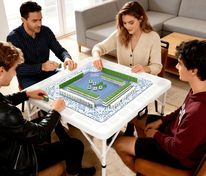 Puede incluir: Cuatro personas jugando al Mahjong alrededor de una mesa plegable blanca. El juego est&aacute; montado sobre una alfombra con estampado azul y blanco. Las fichas verdes y blancas est&aacute;n dispuestas en el tablero. Los jugadores est&aacute;n sentados alrededor de la mesa.