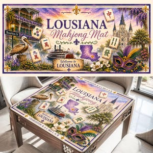 Puede incluir: Un tapete de Mahjong rectangular de Luisiana con un pel&iacute;cano, un barco de vapor, un mapa de Luisiana, una m&aacute;scara de Mardi Gras y fichas de Mahjong. El texto dice 'LOUISIANA Mahjong Mat', 'Welcome to LOUISIANA', 'Bourbon St.' y 'Charleston R-A-L then L-A-R'.