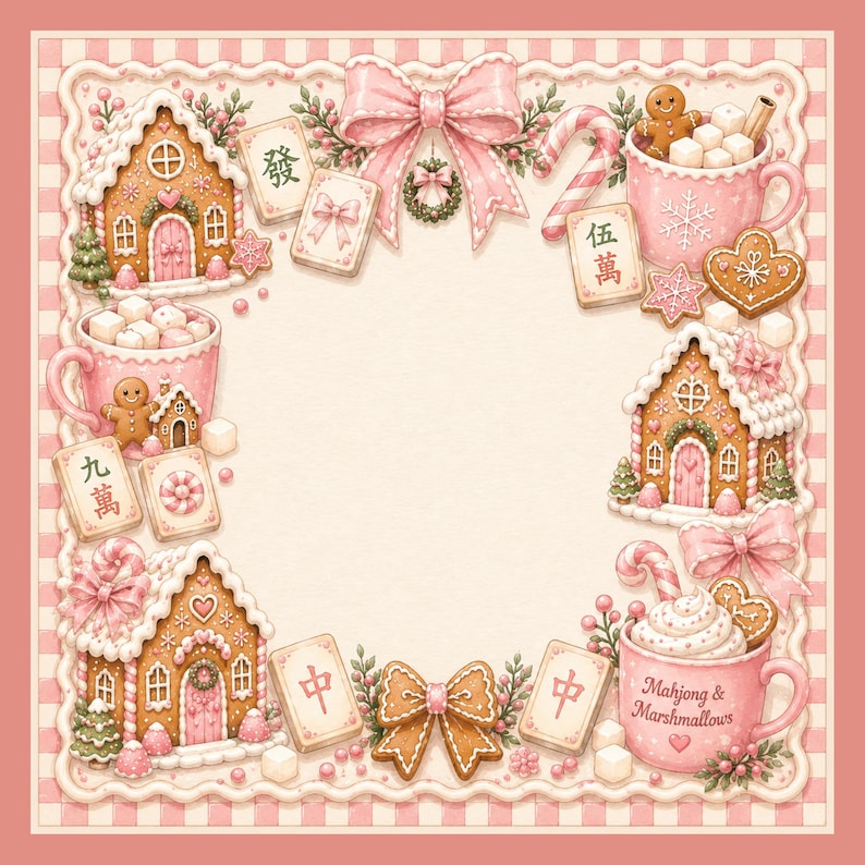 May include: A whimsical illustration featuring a pink and white border with gingerbread houses, bows, and mugs of hot chocolate. Gingerbread cookies, candy canes, and Mahjong tiles are scattered throughout the design. The text "Mahjong & Marshmallows" is visible on a mug.