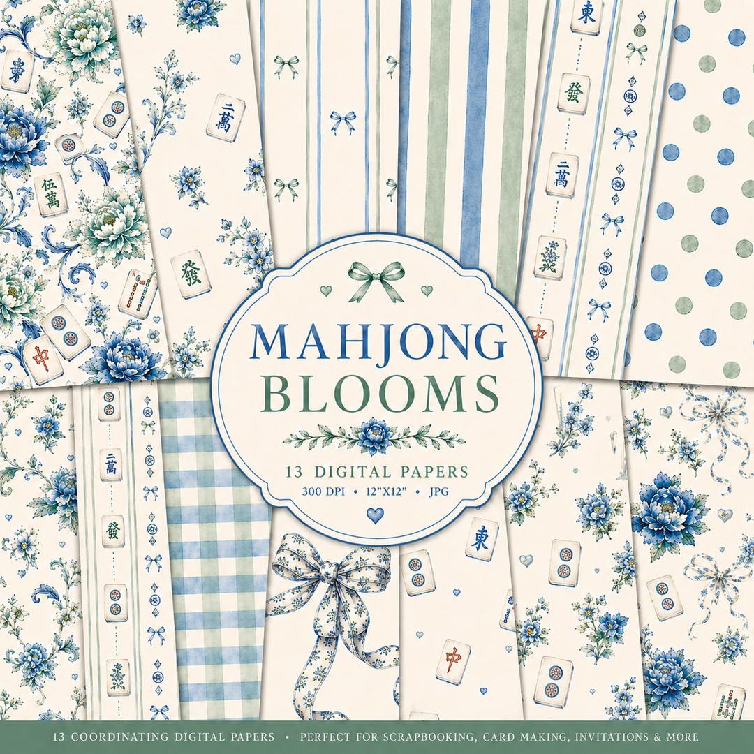 Mahjong Pattern Paper Mahjong Inspired Digital Paper Collection, Blue Sage Floral Chinoiserie ...