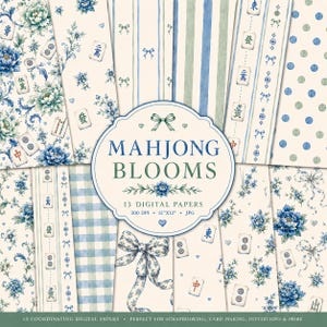Könnte beinhalten: Eine Sammlung von 13 digitalen Papieren mit floralem und Mahjong-Thema. Die Papiere zeigen blau-weiße Blumenmuster, Streifen, Tupfen und Mahjong-Kacheln. Der Text "MAHJONG BLOOMS" wird auf einem kreisförmigen Etikett angezeigt.