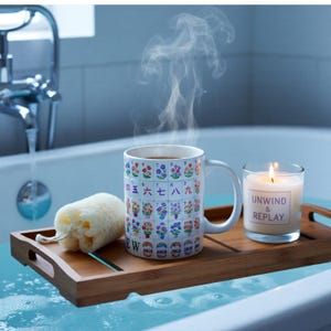 May include: A wooden bath tray holds a mug with a floral and number design, a loofah, and a lit candle. The mug contains a hot beverage with steam rising. The candle is in a glass with the words "Unwind & Replay".