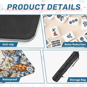 May include: Image showing product details for a Mahjong set. Features include an anti-slip surface, noise reduction, and waterproof design. A black storage bag is also included. The text "PRODUCT DETAILS" is at the top.