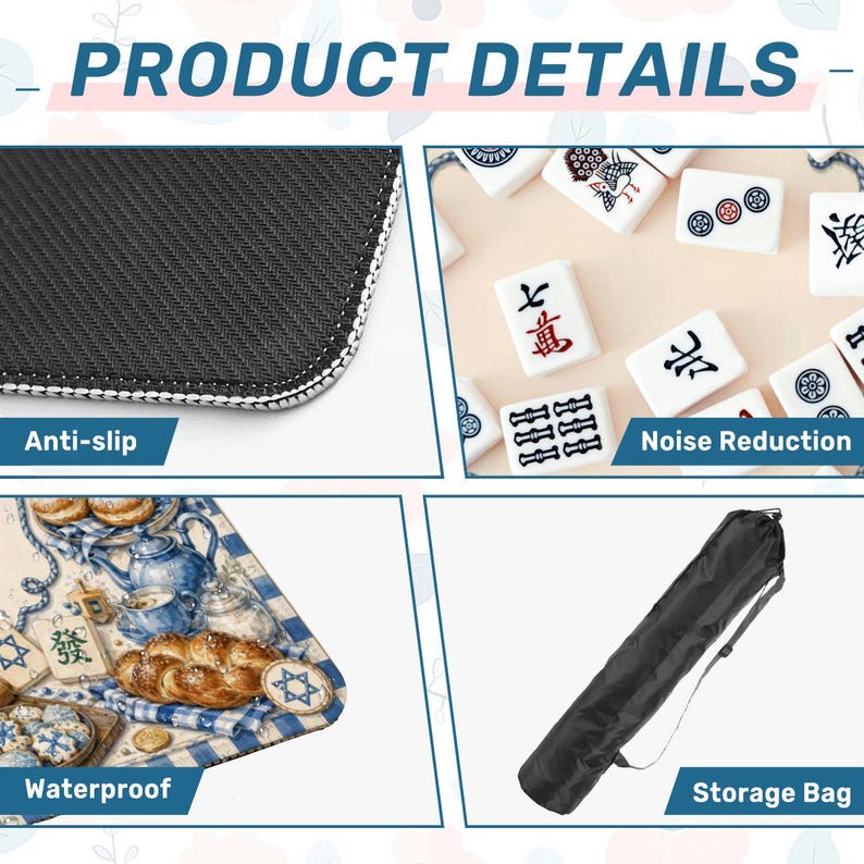 May include: Image showing product details for a Mahjong set. Features include an anti-slip surface, noise reduction, and waterproof design. A black storage bag is also included. The text "PRODUCT DETAILS" is at the top.
