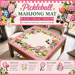 May include: A square mahjong mat featuring a pickleball theme with pink and green borders. The design includes illustrations of pickleball paddles, mahjong tiles, pink hydrangeas, citrus slices, sunglasses, and a cocktail glass on a cream background.