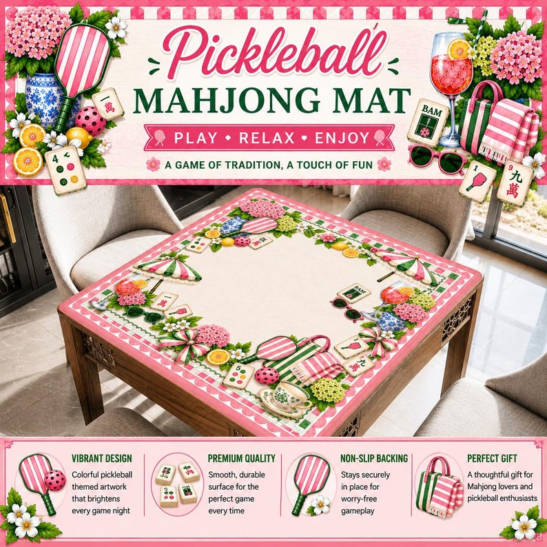 May include: A square mahjong mat featuring a pickleball theme with pink and green borders. The design includes illustrations of pickleball paddles, mahjong tiles, pink hydrangeas, citrus slices, sunglasses, and a cocktail glass on a cream background.