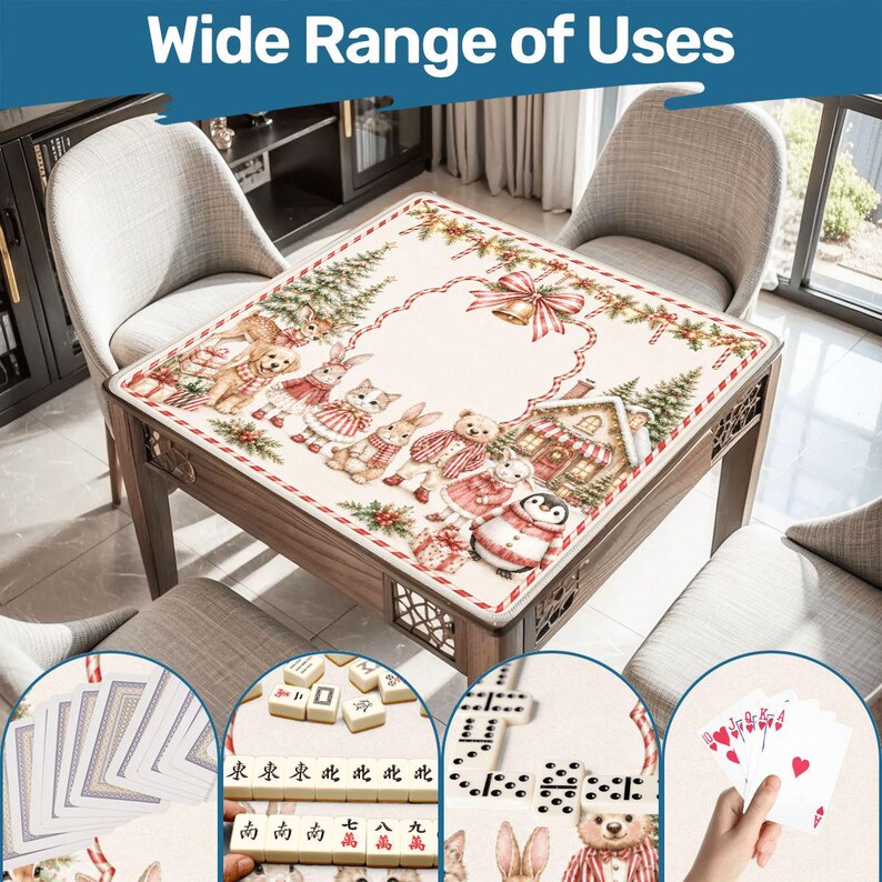 Christmas Critters Mahjong Mat, Woodland Animals Holiday Mahjong Table Cover, Winter Friends Game Mat imagen 2