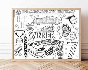 Race Car Birthday Coloring Page | Kids Party Placemat (Digital Download)