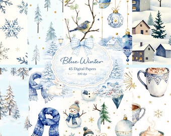 Blue Winter Digital Paper Pack, Watercolor Winter Backgrounds, Snowy Cottage Patterns, Blue Scrapbook Paper