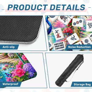May include: A rectangular mat featuring a vibrant garden scene with pink and purple flowers, a blue butterfly, and a pond. The mat has a black anti-slip textured underside, noise-reducing properties, a waterproof surface, and includes a black storage bag.