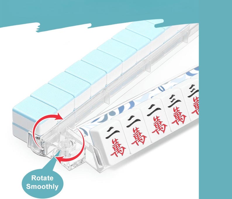 May include: A light blue and white Mahjong tile set with clear plastic components. The tiles are white with red and black characters. The image includes the text "Rotate Smoothly".