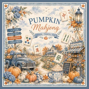 May include: A watercolour illustration with a harvest theme. The image features pumpkins, a blue truck, a farmhouse, and Mahjong tiles. Text includes "Pumpkin Mahjong", "Hello Fall", and "Pumpkins".