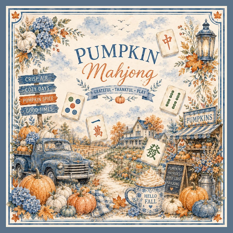 May include: A watercolour illustration with a harvest theme. The image features pumpkins, a blue truck, a farmhouse, and Mahjong tiles. Text includes "Pumpkin Mahjong", "Hello Fall", and "Pumpkins".